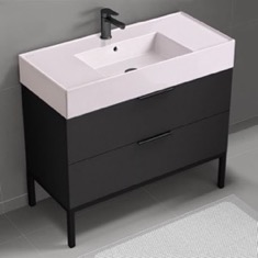 Modern Black Bathroom Vanity, 40 inch, Pink Ceramic Sink, Free Standing